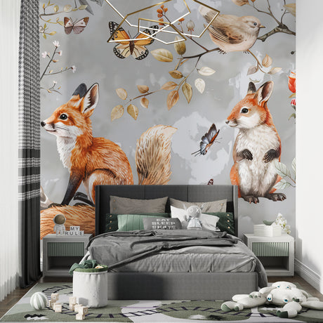 Forest animals wallpaper creating a cozy atmosphere in a modern nursery with grey and white furniture