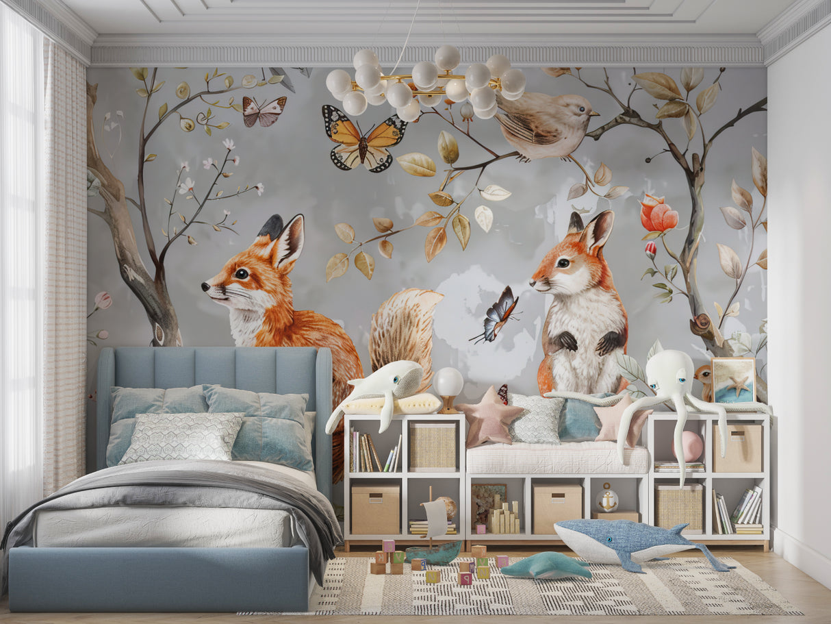 Woodland fox wallpaper bringing nature into a child's reading nook with soft lighting