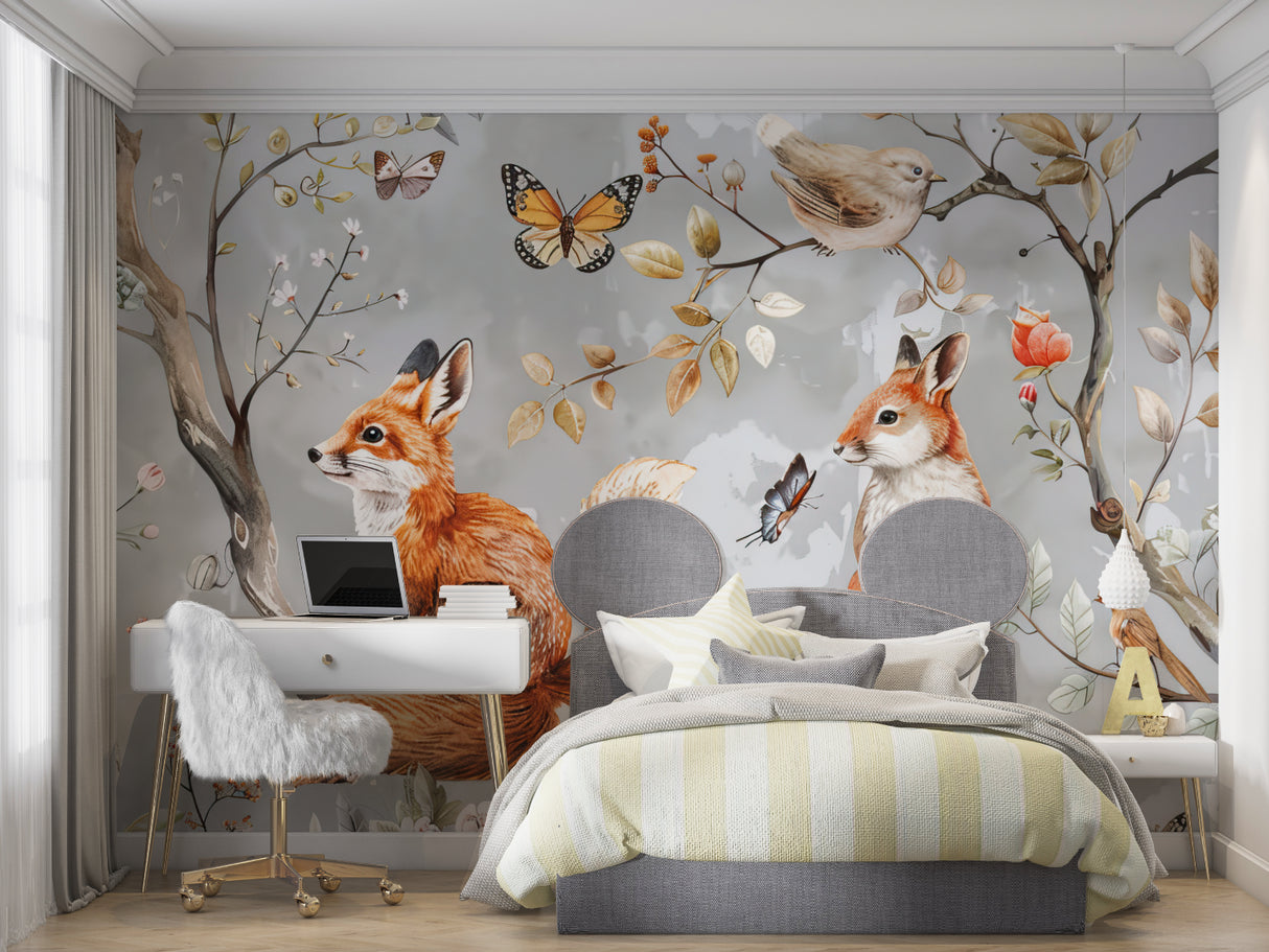 Forest creatures mural making a statement in a minimalist playroom setting