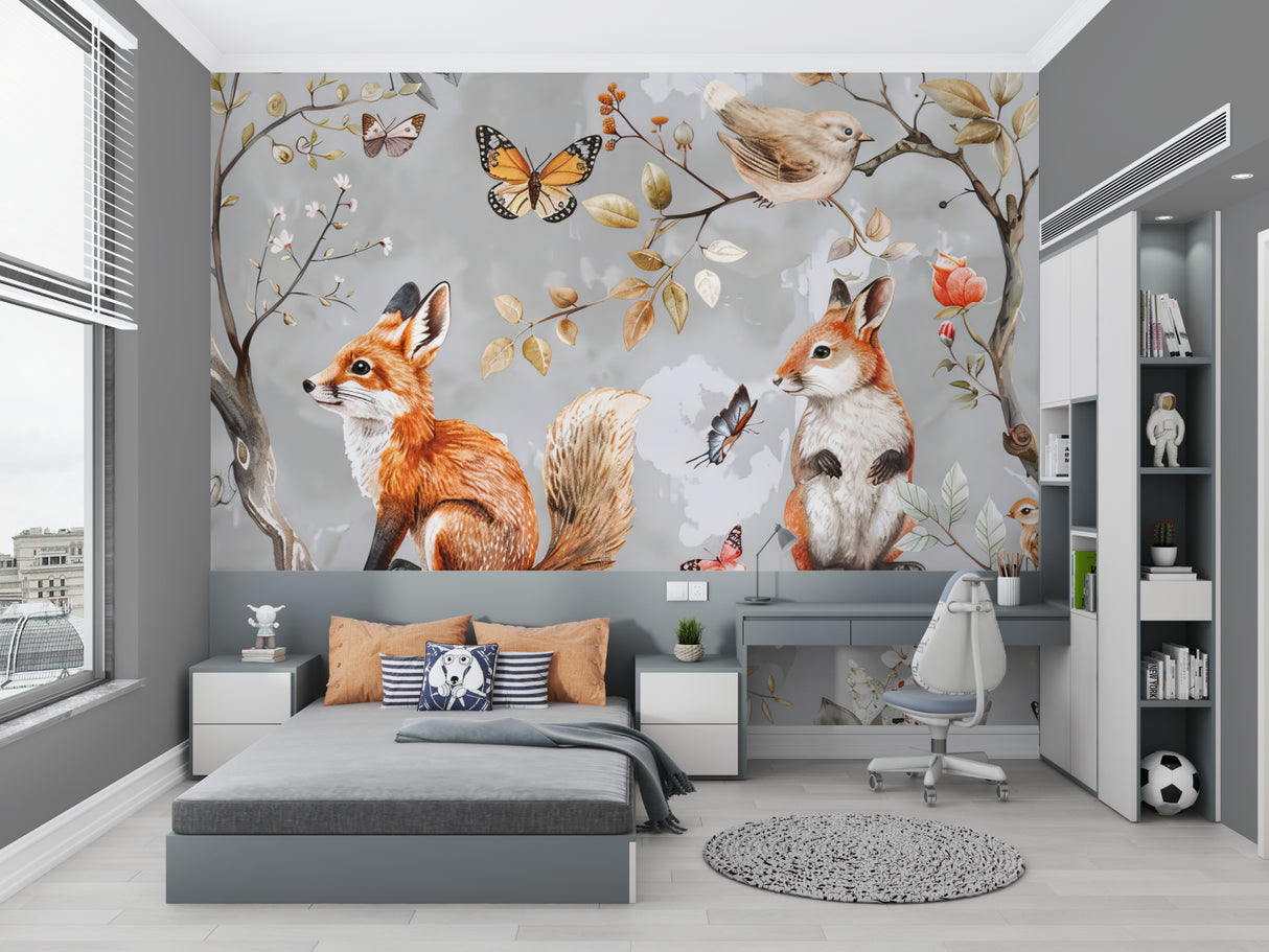 Woodland animal wallpaper transforming a baby's room with gentle grey tones