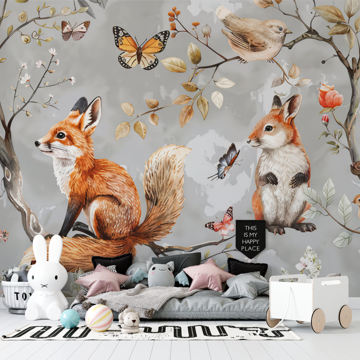 Fox and butterfly mural adding charm to a modern kids bedroom
