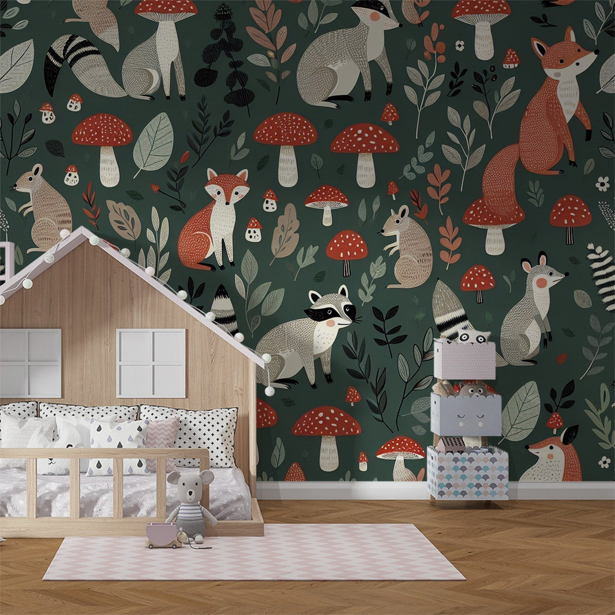 Forest animals wallpaper with foxes and mushrooms creating a magical woodland scene in a modern nursery with natural light