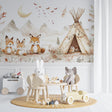 Woodland Fox Mural Wallpaper in cozy nursery with natural wood furniture and soft textiles