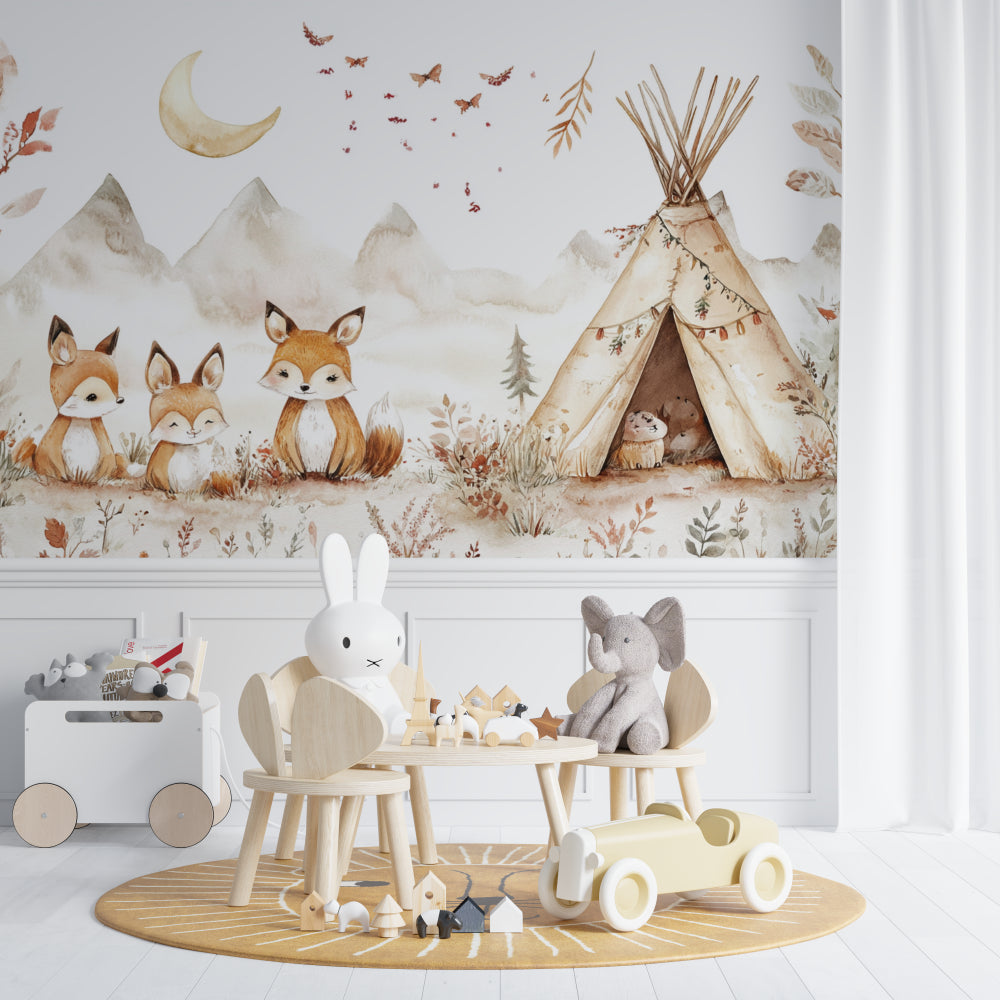 Woodland Fox Mural Wallpaper in cozy nursery with natural wood furniture and soft textiles