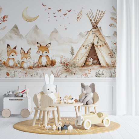 Woodland Fox Mural Wallpaper in cozy nursery with natural wood furniture and soft textiles