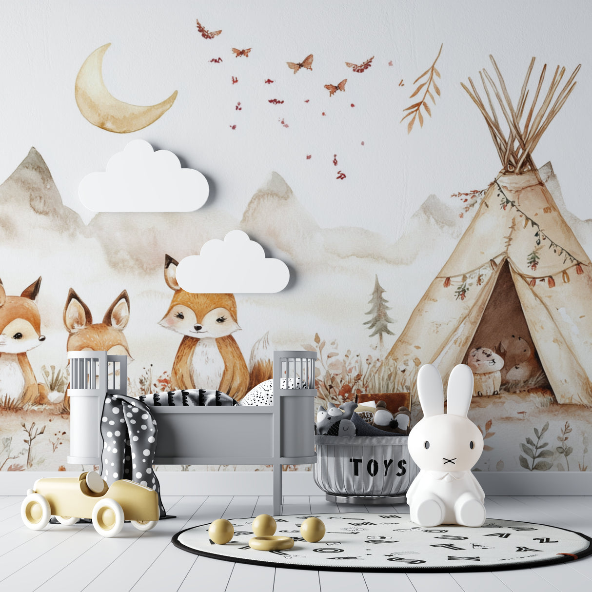 Children's bedroom featuring Forest Animals Wallpaper in modern Scandinavian style