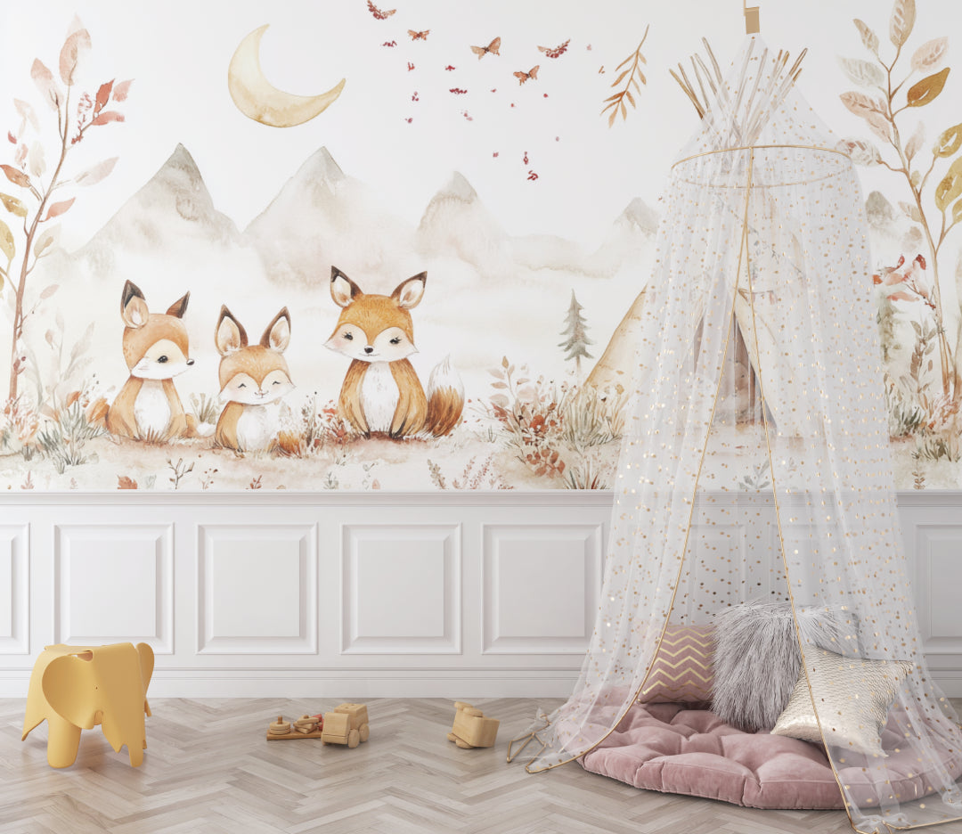Playroom decorated with Woodland Fox Wallpaper showing scale and room atmosphere