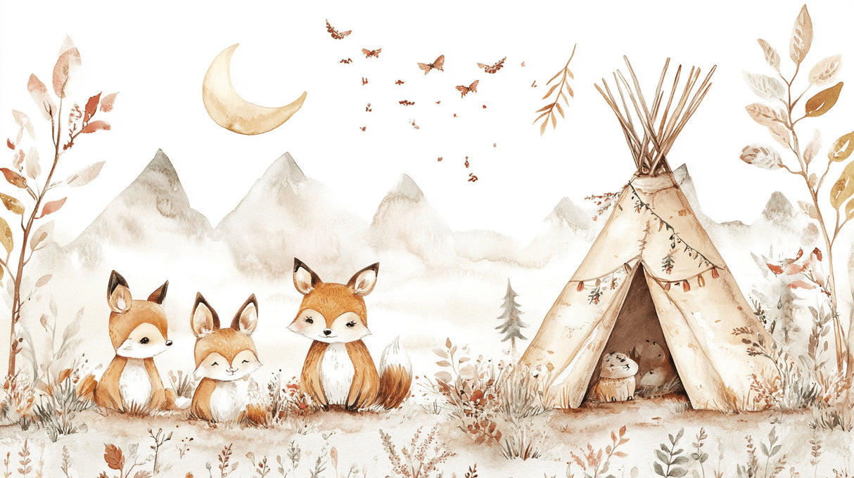 Forest Animals Mural design file showing full pattern with foxes and teepee illustration