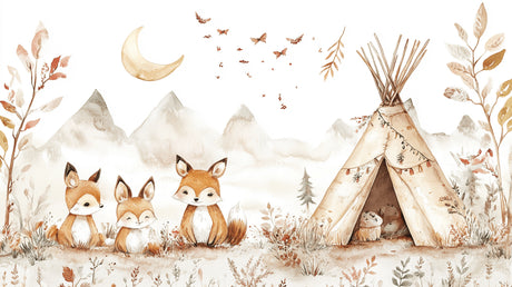 Forest Animals Mural design file showing full pattern with foxes and teepee illustration