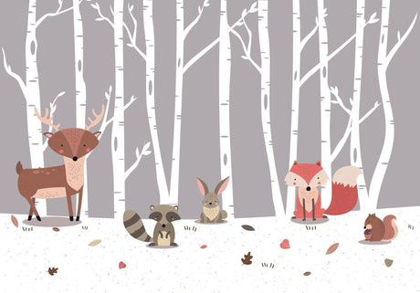 Forest Animals Wallpaper design file showing detailed woodland creatures among birch trees on gray background