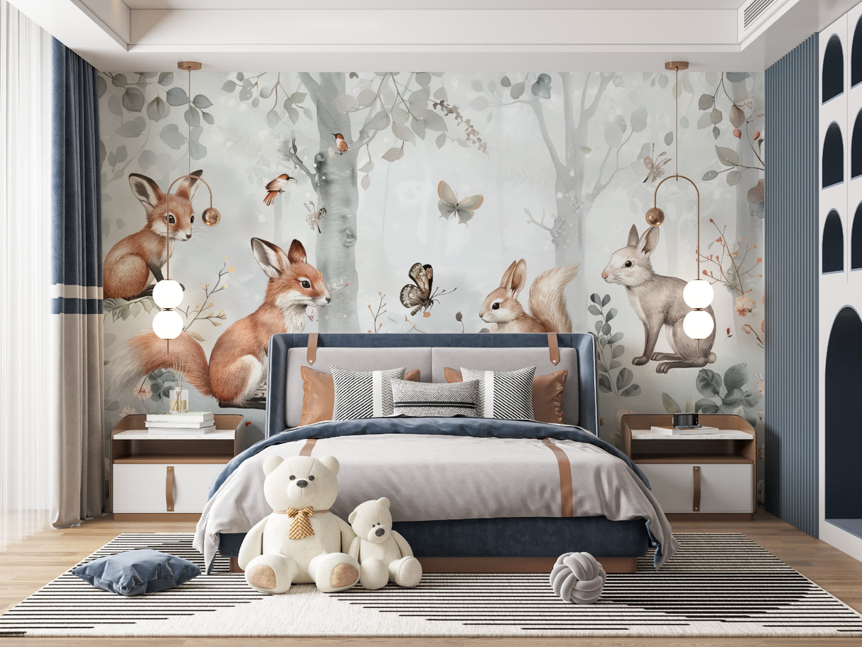 Watercolor Forest Mural in reading nook with comfortable seating