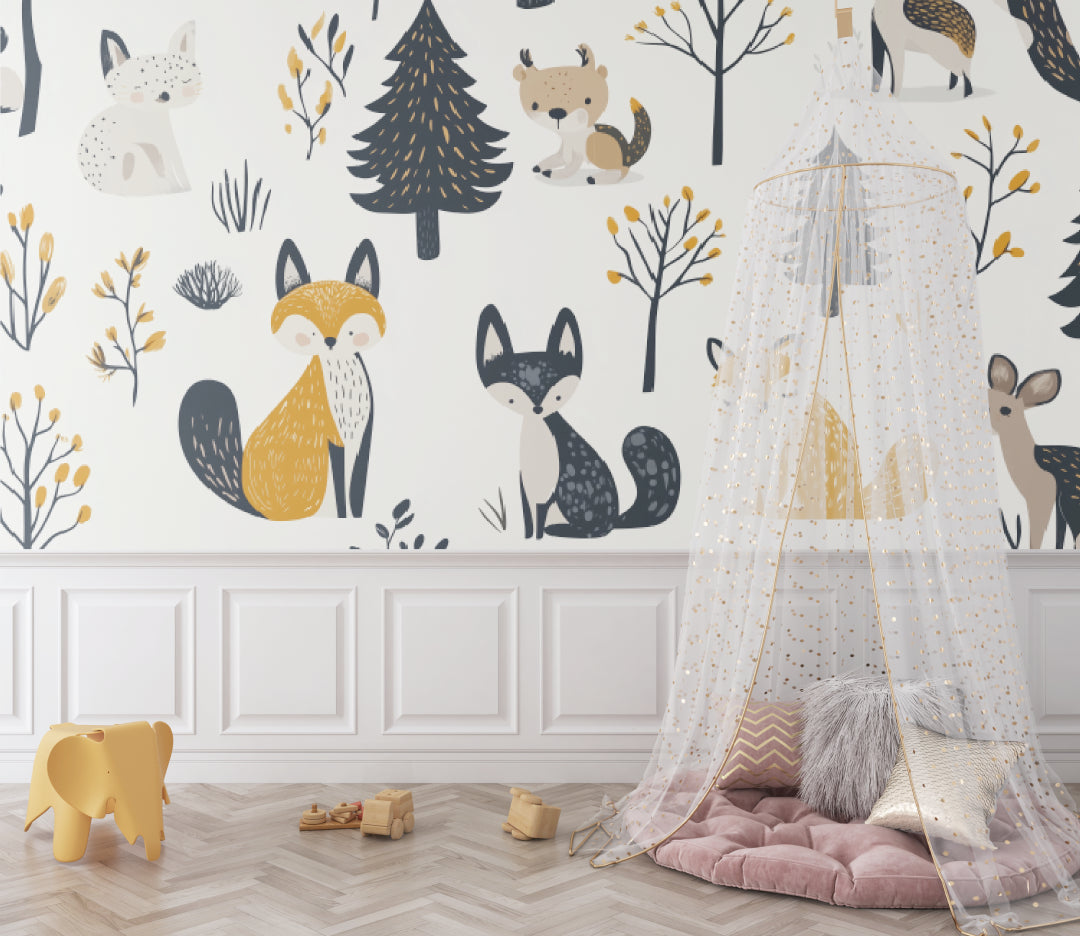 Forest themed wallpaper adding charm to a baby's room with sweet animal illustrations