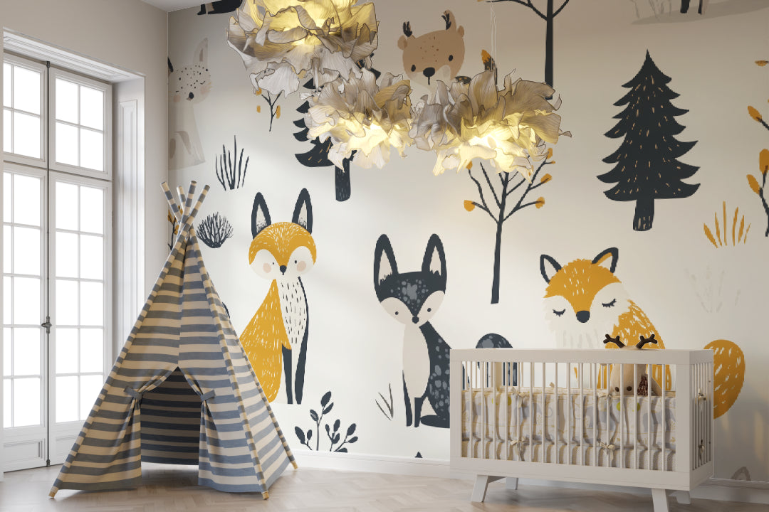 Woodland nursery wallpaper showcasing yellow and grey forest animals in a playroom setting