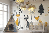 Woodland nursery wallpaper showcasing yellow and grey forest animals in a playroom setting