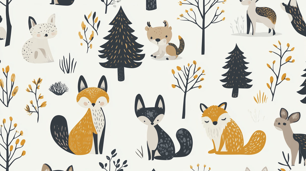 Forest animals wallpaper design file showing detailed pattern of woodland creatures in yellow and grey