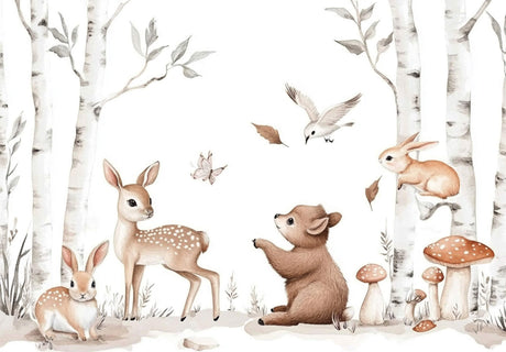 Forest animals wallpaper design file showing detailed woodland scene with birch trees and gentle creatures
