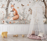 Fox and rabbit wallpaper in a playful children's bedroom with wooden elements