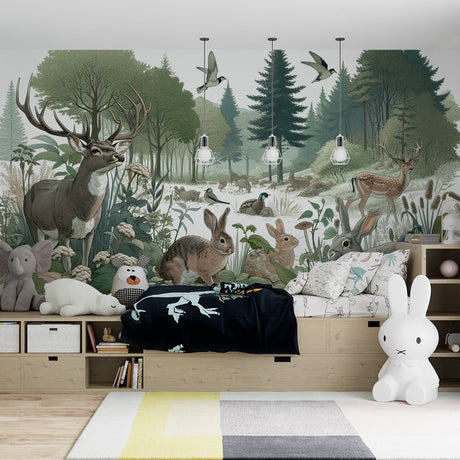 Forest animals wallpaper displayed in a bright nursery, showing gentle deer and rabbits creating a peaceful woodland scene