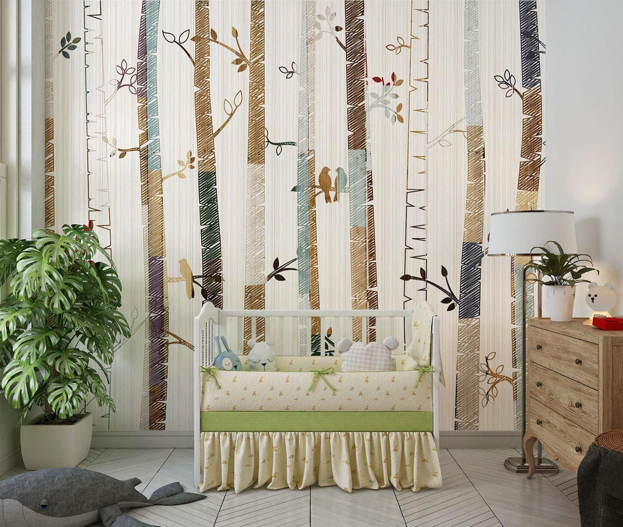 Forest birds wallpaper mural in modern living room, creating a serene atmosphere with soft natural light