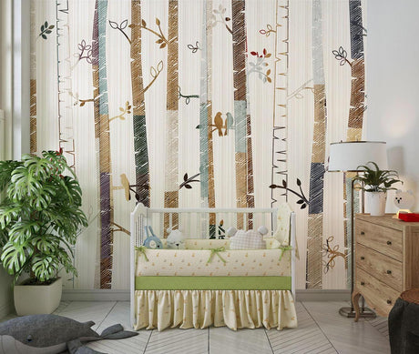 Forest birds wallpaper mural in modern living room, creating a serene atmosphere with soft natural light