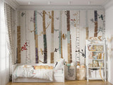 Nursery room featuring woodland birch tree wallpaper with gentle bird details