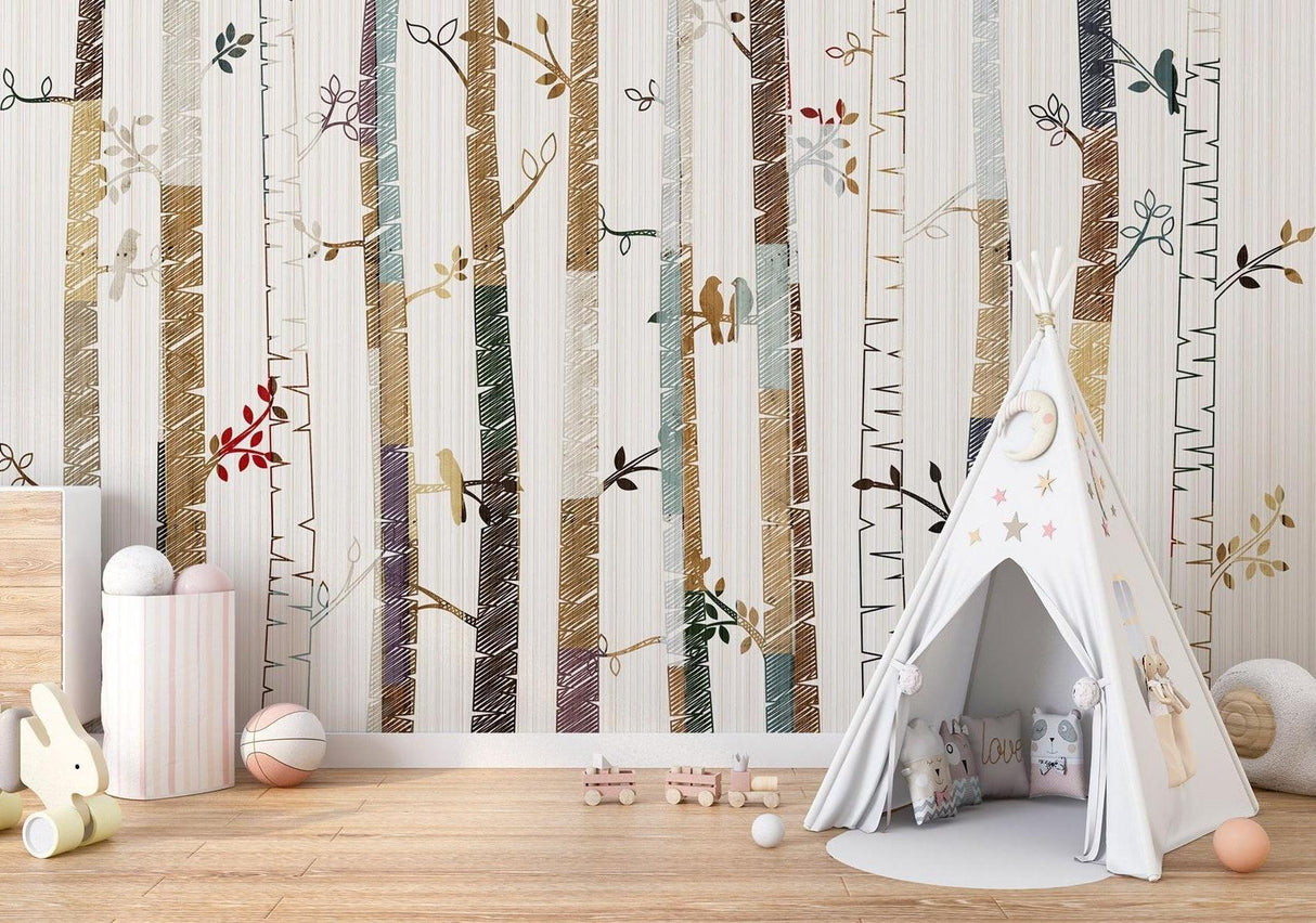 Forest birds wall mural brightening a cozy reading nook with natural elements