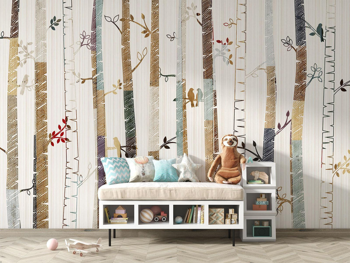 Home office space with calming birch tree wallpaper design