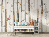 Home office space with calming birch tree wallpaper design