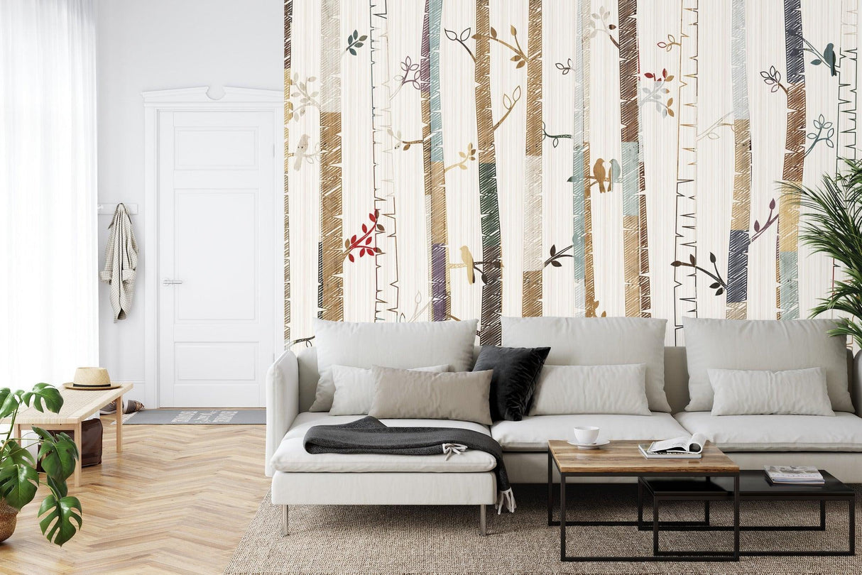 Bedroom wall adorned with forest birds mural creating peaceful ambiance