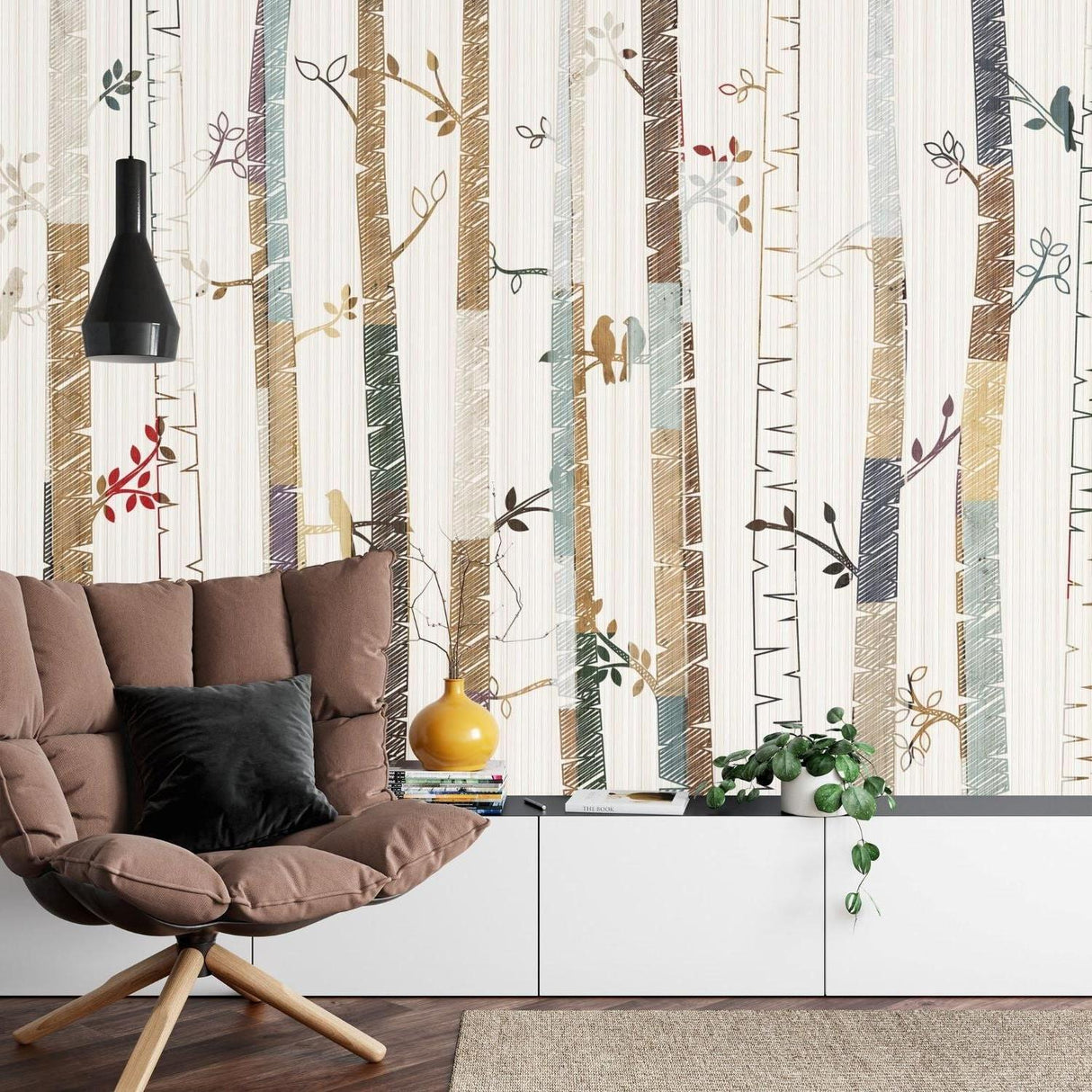 Dining room featuring nature-inspired birch tree wall mural