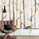 Dining room featuring nature-inspired birch tree wall mural