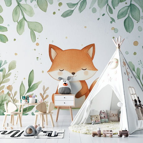 Forest fox wallpaper in bright nursery with white furniture, showing gentle watercolor design