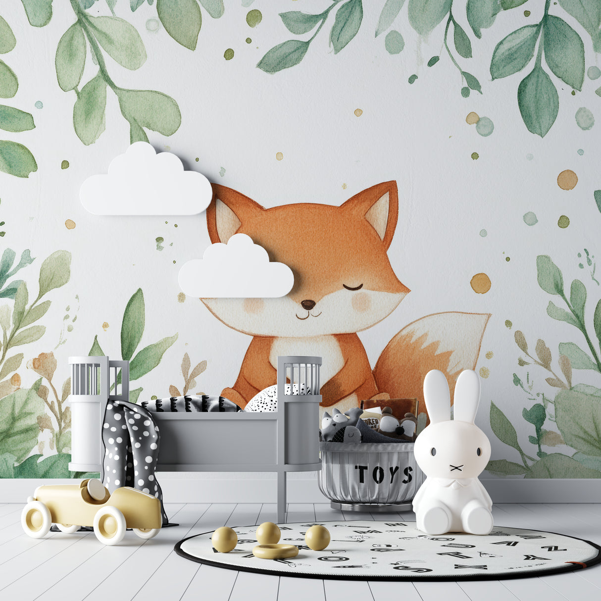 Woodland fox mural in kids reading nook with cozy cushions