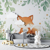 Woodland fox mural in kids reading nook with cozy cushions