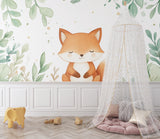 Watercolor fox wallpaper in playroom showing scale and green color palette