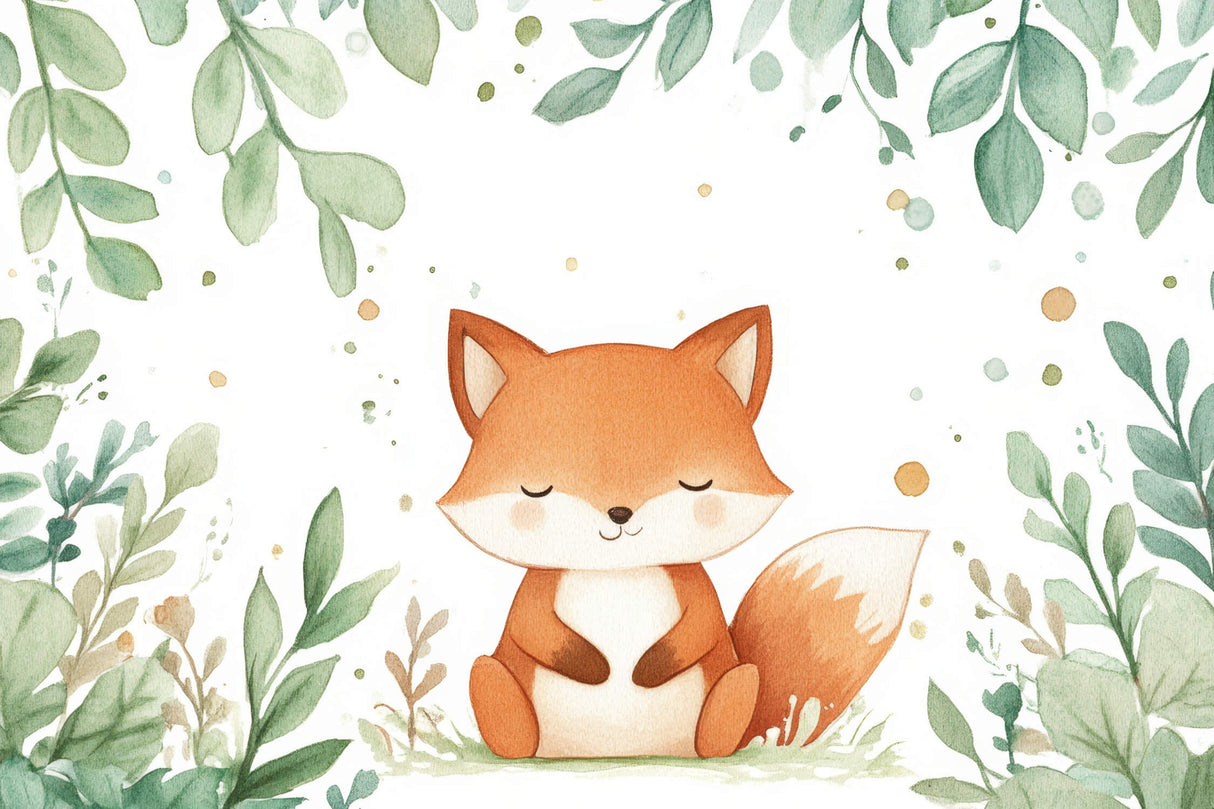 Design file showing full watercolor fox pattern with floating leaves and golden dots