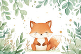Design file showing full watercolor fox pattern with floating leaves and golden dots