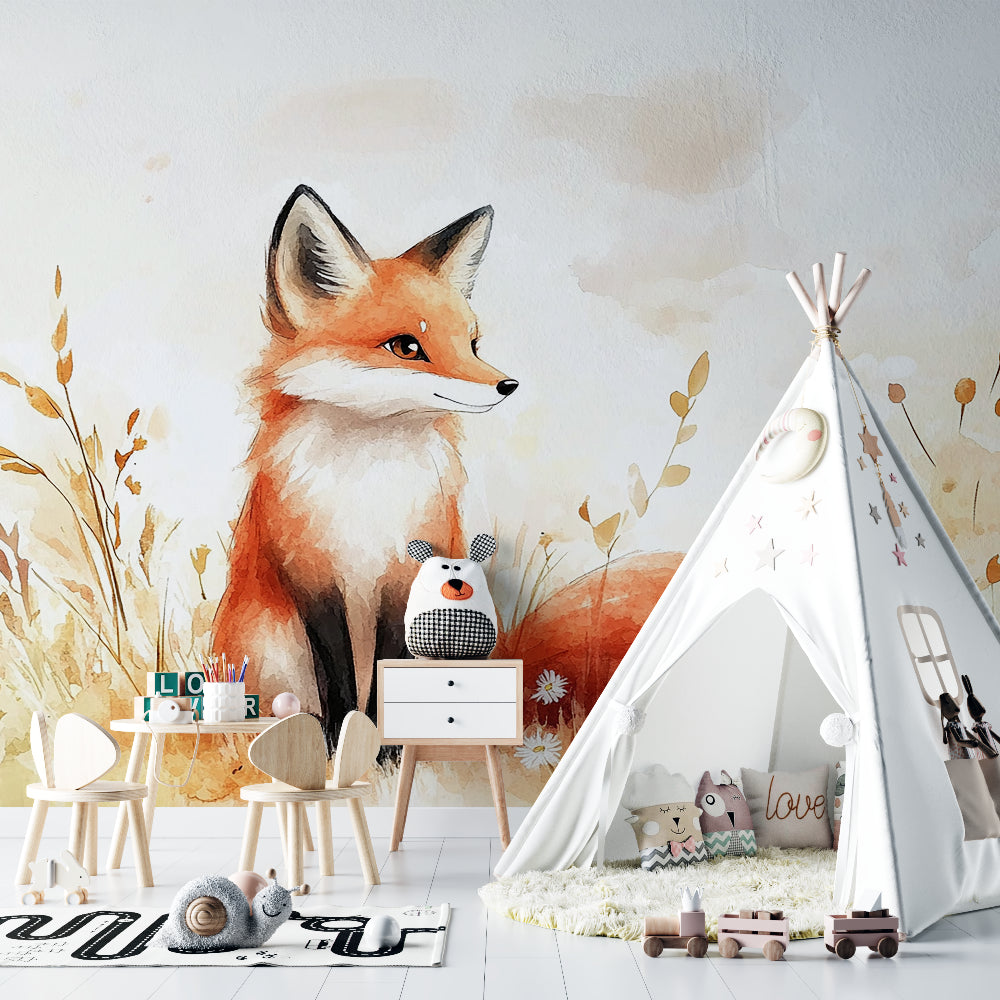 Watercolor fox mural creating warm atmosphere in kids bedroom