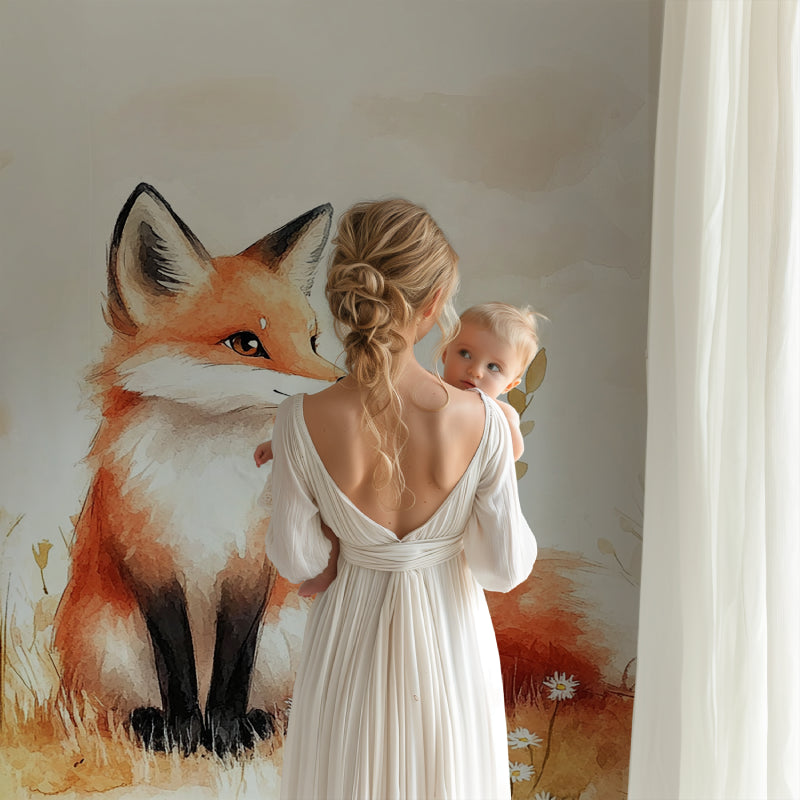 Fox wall mural in playroom with reading nook and soft lighting