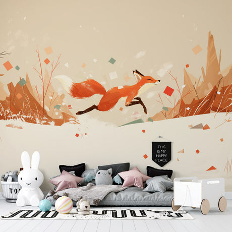 Forest fox wallpaper creating a cozy atmosphere in a modern Scandinavian living room with natural light