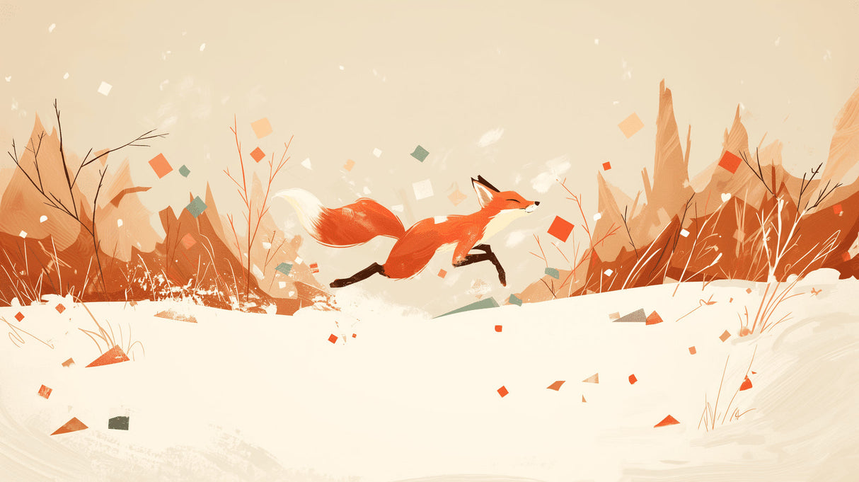Winter fox wall mural bringing character to a child's bedroom with white furniture
