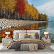 Forest Lake Wallpaper creating depth in a modern living room, autumn colors reflect on white walls