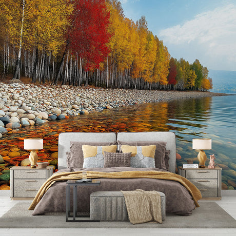 Forest Lake Wallpaper creating depth in a modern living room, autumn colors reflect on white walls