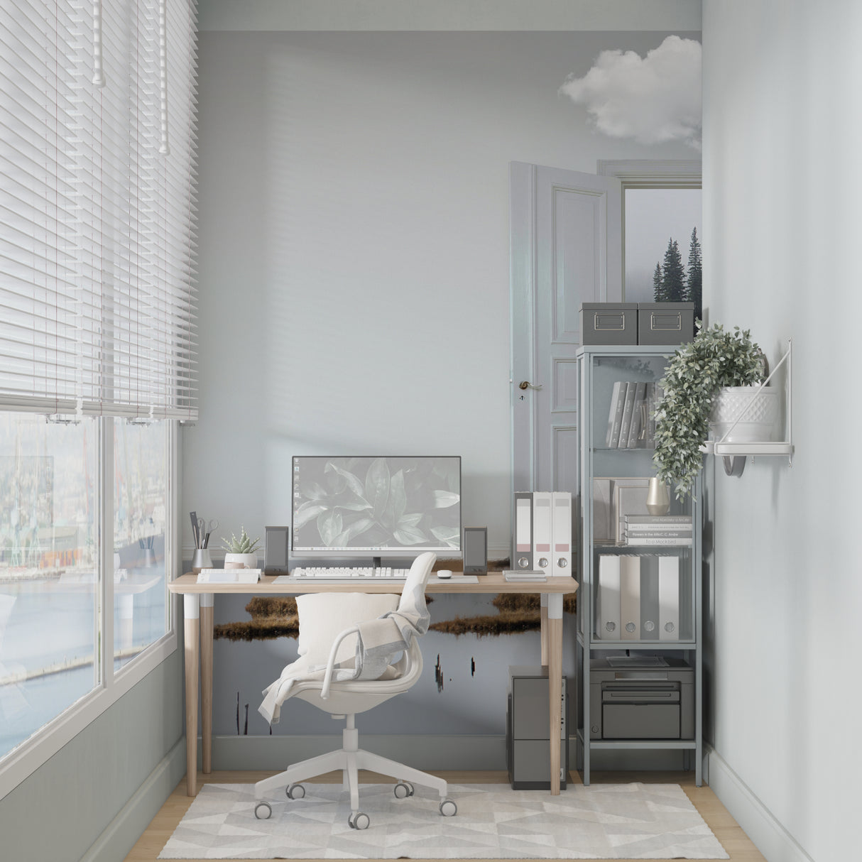 Forest lake portal mural wallpaper creating depth in a modern living room with grey sofa