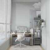 Forest lake portal mural wallpaper creating depth in a modern living room with grey sofa