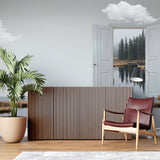 Pine tree portal wallpaper making a small home office feel spacious and connected to nature