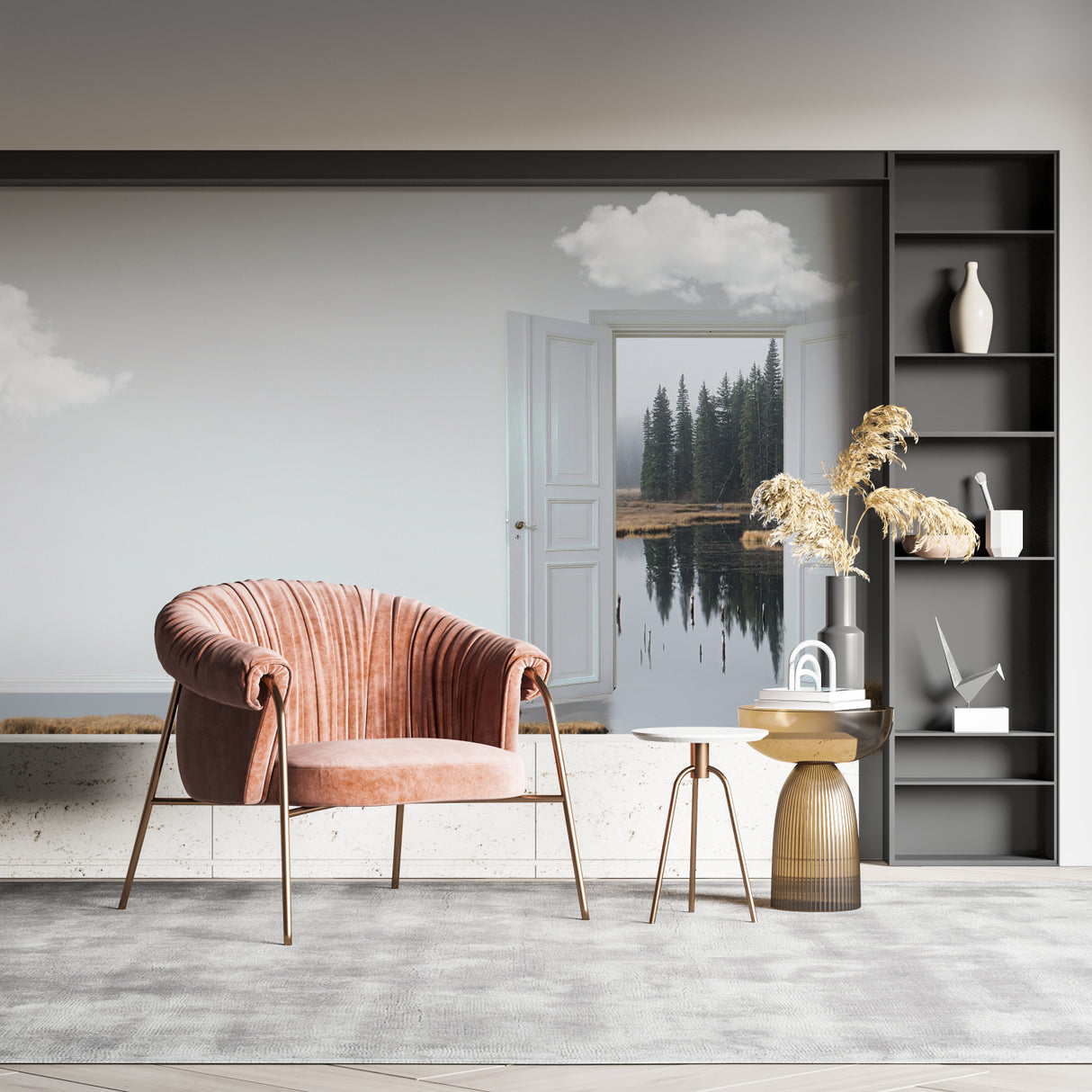 Lake view door mural in a cozy bedroom setting with natural light