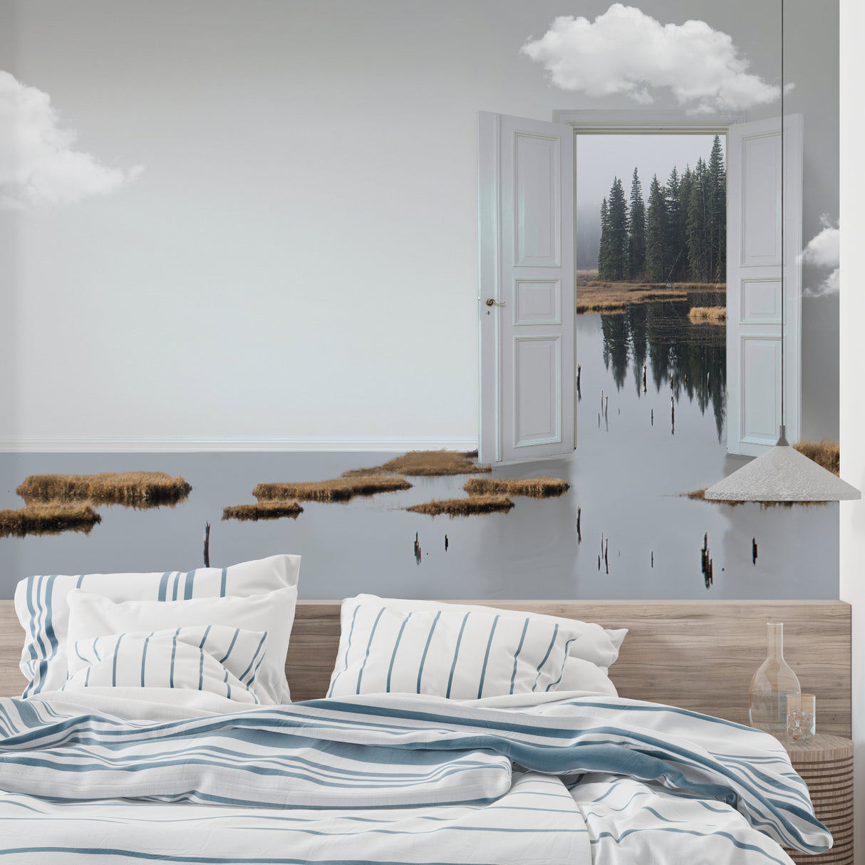 Nature portal wallpaper transforming a dining room with reflected lake views