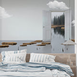 Nature portal wallpaper transforming a dining room with reflected lake views