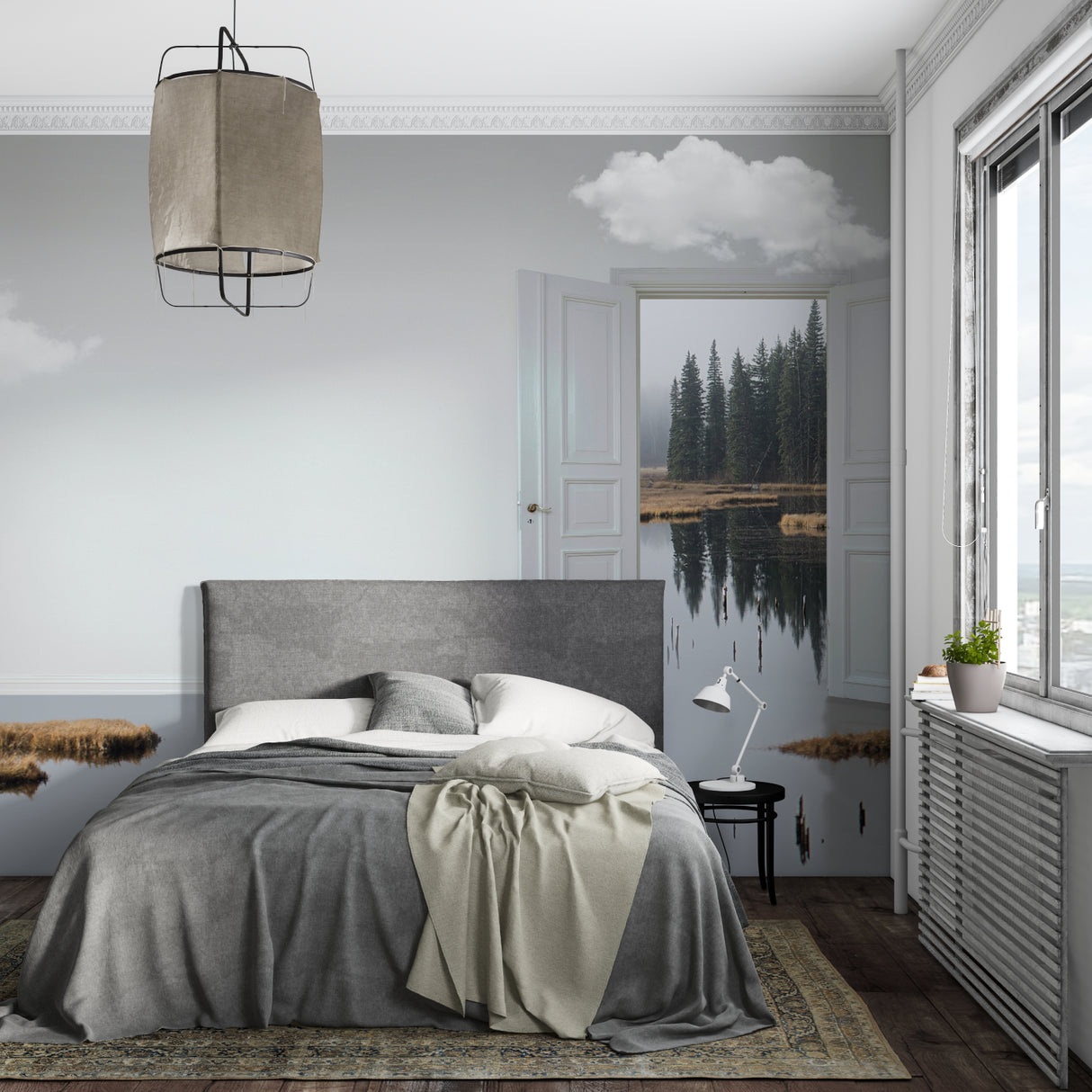 Forest portal mural creating an illusion of space in a minimalist hallway
